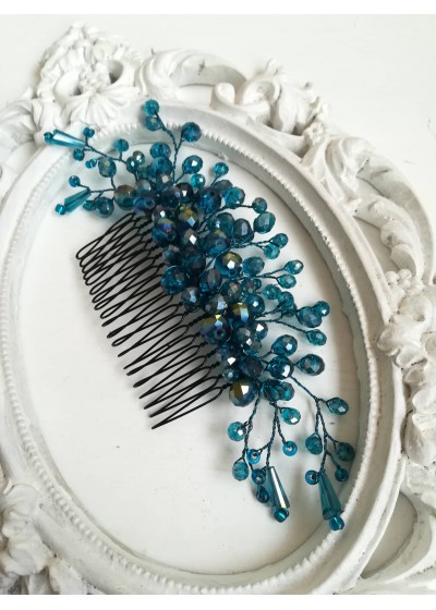 Дизайнерски Гребен - украса за коса с кристали Сваровски в тъмен тюркоаз модел Turquoise Rose by Rosie